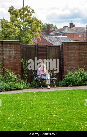 Woman sat reading a book in the parkland of the Staffordshire city of Lichfield England Stock Photo