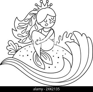 Fairy tale black and white vector mermaid sitting on a sand, lapped by water wave. Fantasy fish girl. Fairytale sea princess. Cute siren coloring page Stock Vector