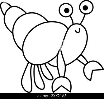 Vector black and white hermit crab with shell icon. Under the sea line illustration or coloring page with cute funny ocean animal. Cartoon underwater, Stock Vector