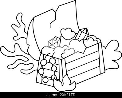 Opened black and white treasure chest with gold, seashells, beads. Pirate sunken wooden coffer with jewelry. Treasure island line element or coloring Stock Vector
