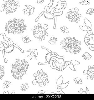 Vector black and white mermaids seamless pattern. Underwater kingdom line repeat background with princess, fish, seaweeds, tortoise, seashell. Marine Stock Vector