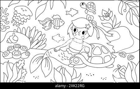 Vector black and white landscape illustration with mermaid sitting on sand, hugging tortoise. Ocean, sea kingdom line scene with seaweeds, fish, marin Stock Vector