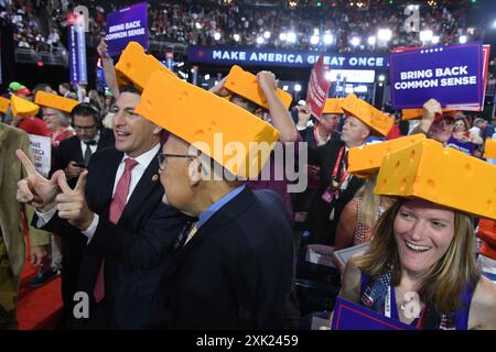 Milwaukee, Wisconsin, USA. 18th July, 2024. REP. BRYAN STEIL (R-Wis), left, joined Wisconsin delegates on the fourth day of the Republican National Convention at Fiserv Forum in Milwaukee, Wisconsin Thursday July 18, 2024. (Credit Image: © Mark Hertzberg/ZUMA Press Wire) EDITORIAL USAGE ONLY! Not for Commercial USAGE! Stock Photo