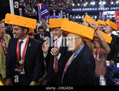 Milwaukee, Wisconsin, USA. 18th July, 2024. REP. BRYAN STEIL (R-Wis), center, joined Wisconsin delegates on the fourth day of the Republican National Convention at Fiserv Forum in Milwaukee, Wisconsin Thursday July 18, 2024. (Credit Image: © Mark Hertzberg/ZUMA Press Wire) EDITORIAL USAGE ONLY! Not for Commercial USAGE! Stock Photo