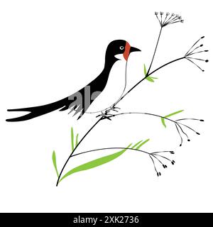 Cute Barn Swallow sitting on a twig; little bird sitting on a twig Stock Vector