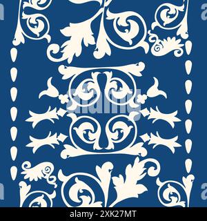 Seamless pattern with white leaf ornaments on dark blue background Stock Vector