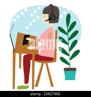 Flat design with woman working from home with headphones; work from home character Stock Vector