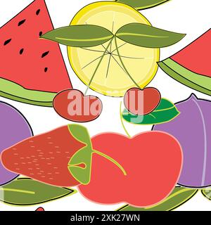 Seamless pattern of fruits; colorful fruits contoured; Contemporary art design with watermellon slice, cherry, strawberry, plum, lemon, apple Stock Vector