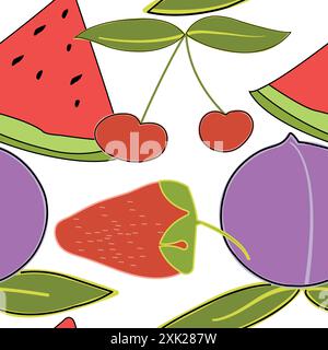Seamless pattern of fruits; colorful fruits contoured; Contemporary art design with watermellon slice, cherry, strawberry and plum Stock Vector