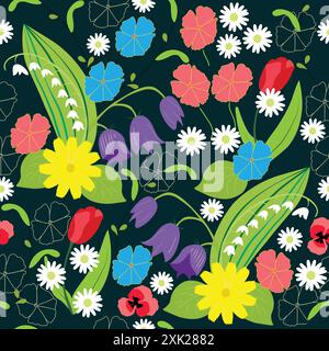 Seamless floral pattern with beautiful different flowers; Bright flowers in dark blue background; Stock vector for prints Stock Vector