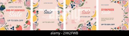 Four promotional banners End of Season Summer Sale. Pastel pink background with vibrant fruit illustrations bananas, lemons, figs, strawberries, blueb Stock Vector