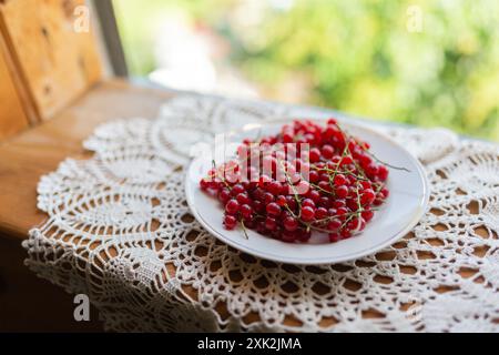 A vibrant display of fresh redcurrant berries arranged on a white plate, set atop an intricate lace tablecloth The natural daylight enhances the rich, Stock Photo