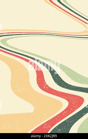 A vibrant multicolored background featuring curved wavy lines in a retro style, with a textured vintage effect, using shades of red, yellow, green, an Stock Photo