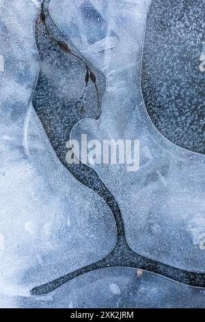 Close-up photograph showcasing the detailed and organic patterns formed by frozen ice in Lofoten. The image highlights the textures and shapes created Stock Photo