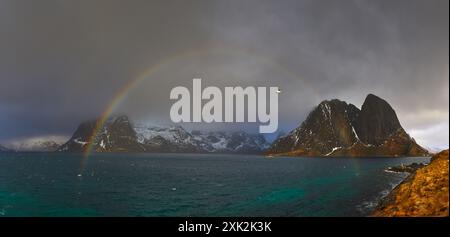 A stunning panoramic view captures a vibrant rainbow arching over the icy, rugged peaks of Lofoten, with dark storm clouds and a tranquil sea backdrop Stock Photo