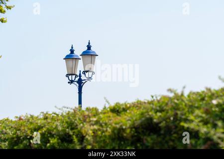 Old patinated blue lamp post above a hedge Stock Photo