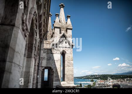 GENEVA, Switzerland — The stunning architectural edifice of the Saint Pierre Cathedral, nestled in the heart of Geneva's old town. Notable for its mix of architectural styles due to its long construction period spanning several centuries, it is a significant symbol of the city's rich religious history. This was also the adopted home church of John Calvin, one of the leaders of the Protestant Reformation, further marking its historical and religious significance. Stock Photo