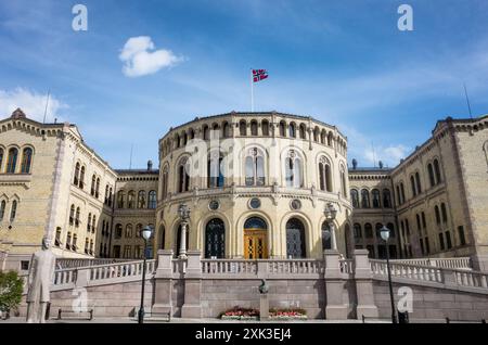 OSLO, Norway — The Storting Building, the seat of the Norwegian Parliament, stands as a symbol of democratic governance and architectural elegance in the heart of Oslo. Stock Photo