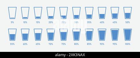 Glasses filled with water to percentage. It can be used to show the water fill level in dams and lakes. Water and liquid level in Percentage. Stock Vector