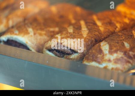 Types of Georgian khachapuri, filled flat bread sold at a traditional pastry shop in Tbilisi. Stock Photo