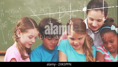 Image of math formulas over diverse pupils at school Stock Photo