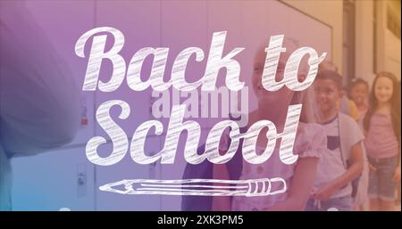Image of back to school over class of diverse pupils standing in line on corridor Stock Photo