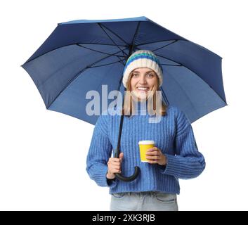 Woman with blue umbrella and paper cup on white background Stock Photo