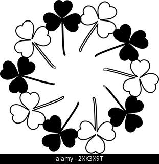 Round frame of black and white clover leaves. Silhouette and outline shamrocks in shape of circle. Copyspace Isolated Vector. Greeting cards, poster, banner, price tag, label or web, promo design idea Stock Vector