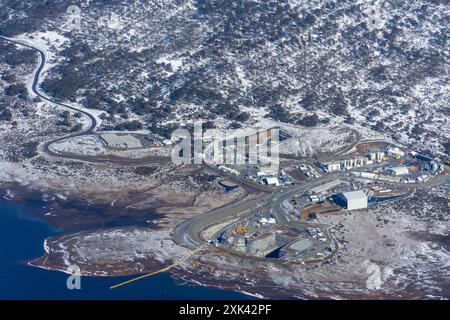 Tantangara Dam, Kosciuszko National Park New South Wales, Australia, 21tst July 2024; Aerial view of the Snowy 2.0 construction site at Tantangara dam, showing a light covering of snow and the tunnel entrance for the pumped hydro scheme. Progress of the tunnel boring machine has been reported  to have been delayed as a result of unstable geological formations. Credit PjHickox/Live News Alamy Stock Photo