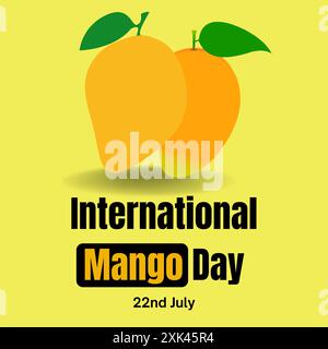 international mango day banner, World Mango day celebration banner, social media post. 22nd July with two yummy ripped Mango on yellow background. Stock Vector