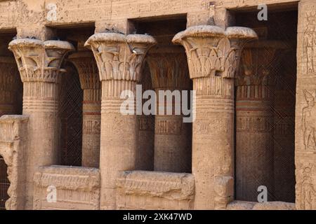 ancient egyptian carvings and decorations on the columns and ceiling of Khnum temple in Esna, Luxor, Egypt Stock Photo