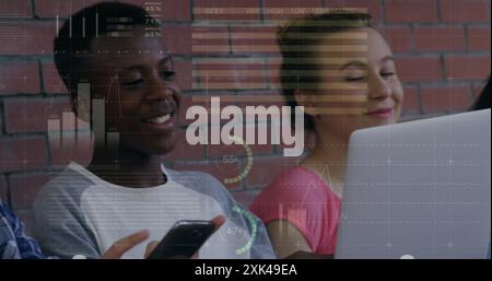 Image of digital interface with data and statistics over a row of smiling secondary school pupils al Stock Photo
