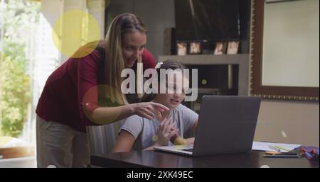 Image of connections over happy diverse students using technology at school Stock Photo