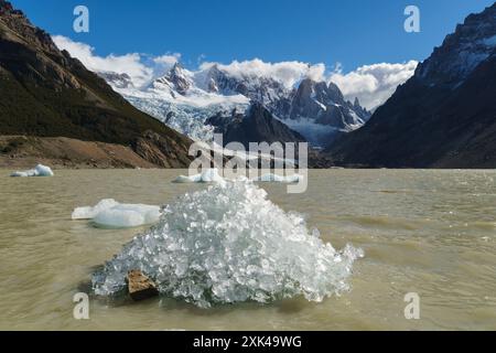 El Chalten, Argentina: Ice on the Torre lake with the famous Cerro Torre Peak near the Fitz Roy in the Los Glaciares National Park in El Chalten in Ar Stock Photo