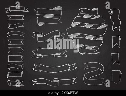Chalk hand drawn banner collection vector illustration. Chalkboard background with vintage elegant set of hand drawn curved shape banners, swirl and c Stock Vector