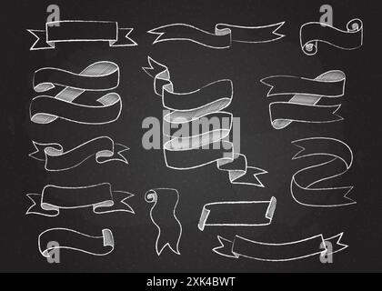 Chalk style sketchy ribbon set vector illustration. Hand drawn elegant banners collection with curved ribbons sketch and curled doodle flags on black Stock Vector