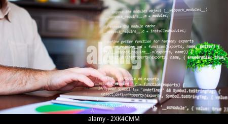 Programmer working with a computer in the office. Close-up of a man's hands typing on a keyboard. Abstract IT Stock Photo