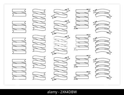 Blank label contour ribbon vector set illustration. Big collection of different shapes black outline ribbons and curved labels with empty space for me Stock Vector