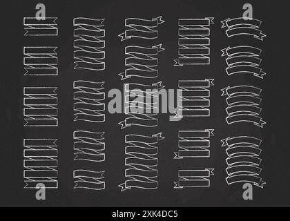 Chalk stroke ribbon template banner vector collection illustration. Vintage design curly ribbon labels and curved scroll flags or sticker banners with Stock Vector