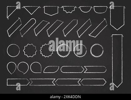 Chalk outline ribbon labels vector collection illustration. Chalk style white curved shape ribbons, tags, bookmarks or curled labels with blank space Stock Vector