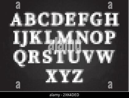 Uppercase chalk scribble font set vector illustration. White chalk style contour alphabet symbols, filled with grunge drawings on blackboard. Abc typo Stock Vector