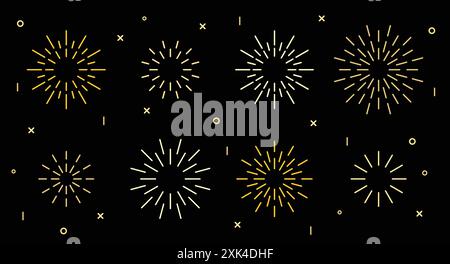 Sparkle star shape art deco fireworks burst pattern collection. Gold star shaped firecracker pattern collection isolated on black background with rays Stock Vector