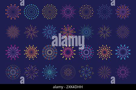 Abstract burst pattern fireworks set. Flat colorful star shaped firework geometric pattern collection isolated on blue background. Carnival celebratio Stock Vector
