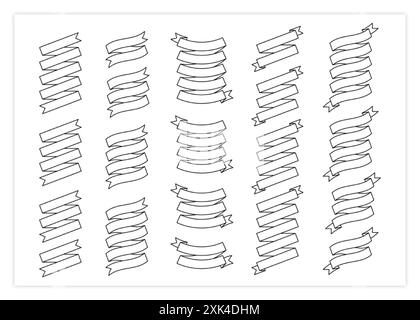 Blank label outline ribbon vector set illustration. Black line curved shape ribbons, scroll flags or curled label with blank space for message, isolat Stock Vector