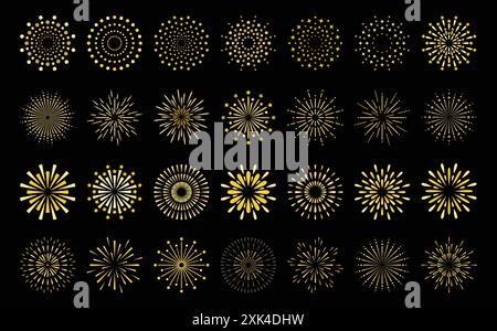 Star shape gold fireworks explosion pattern set. Flat art deco style star shaped firework pattern collection isolated on black background. Christmas f Stock Vector