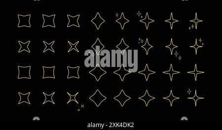 Celebration star sparkle gold contour pattern set. Art deco star twinkle shaped outline pattern collection isolated on black background. New year cele Stock Vector