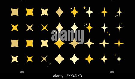 Star burst sparkle art deco pattern icon set. Gold star shaped twinkle pattern collection isolated on blue background. Christmas festive graphic desig Stock Vector
