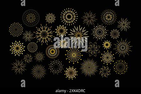 Sparkle art deco star shape fireworks burst pattern collection. Gold star shaped firework pattern isolated collection. Carnival celebration firecracke Stock Vector