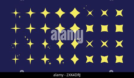 Star burst twinkle pattern icon set. Yellow star shaped sparkle pattern collection isolated on blue background. New year celebration decoration, birth Stock Vector