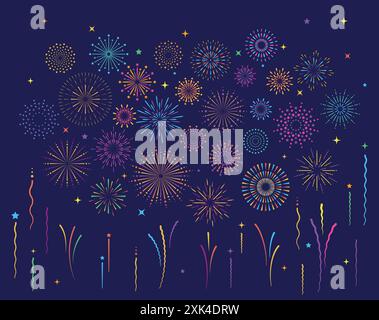 Star shape colorful fireworks explosion pattern set. Flat composition of firework pattern collection isolated on blue background with rays and trails. Stock Vector